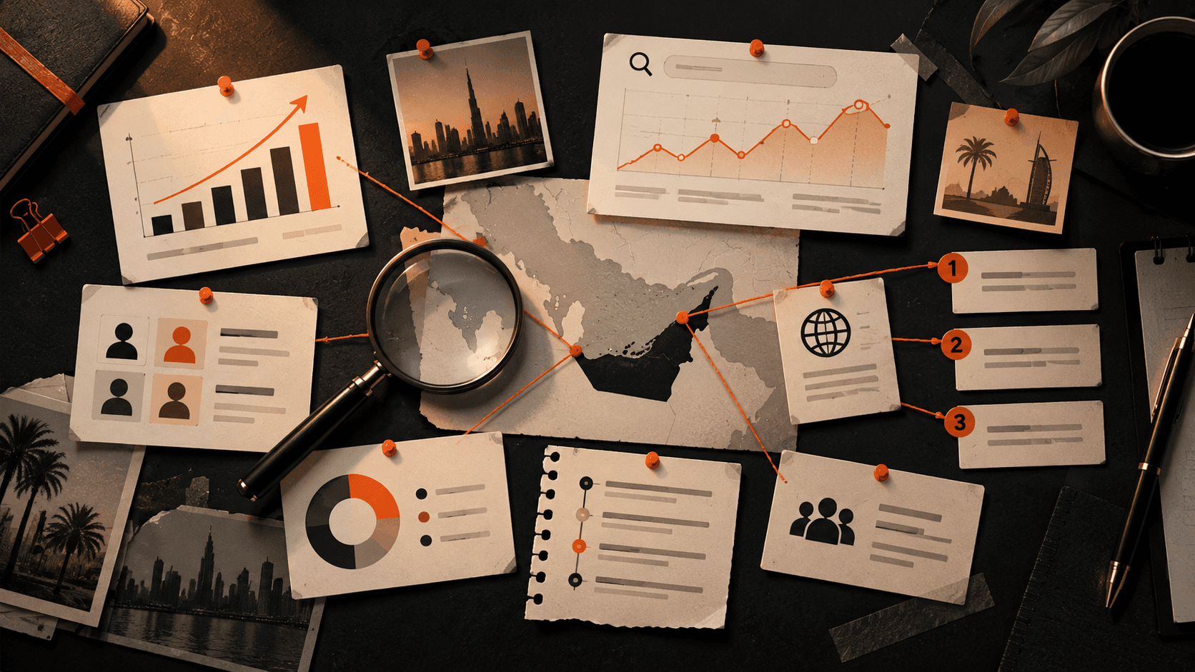 Research desk with market evidence, source cards, charts and UAE context.