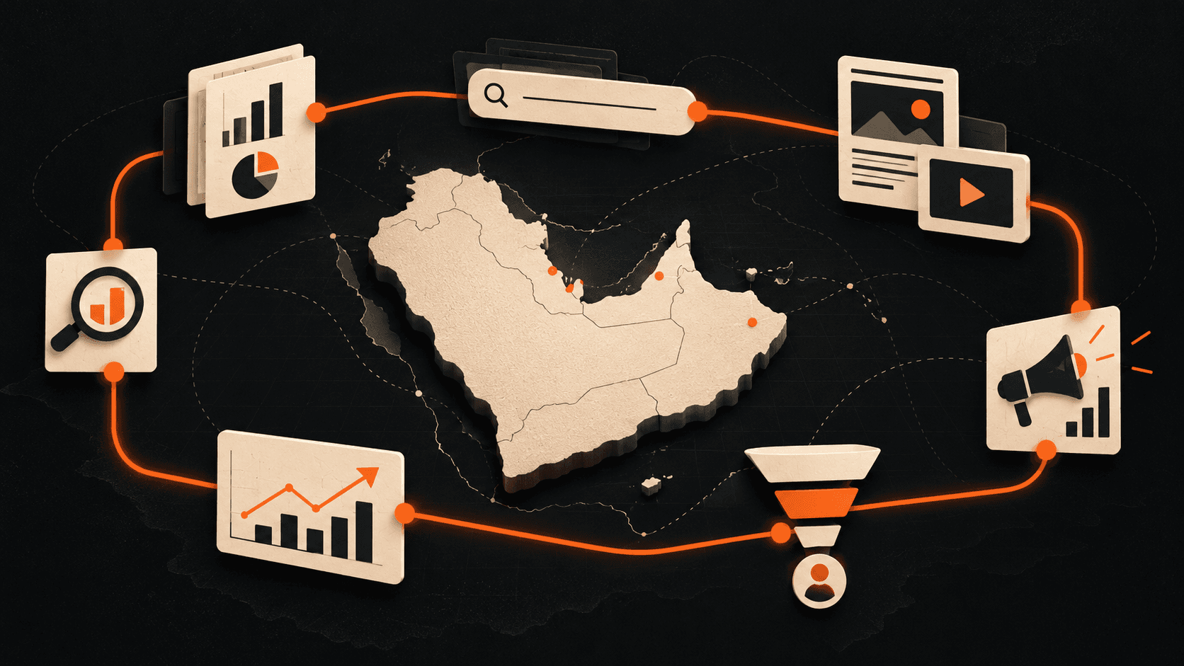 A map of the UAE and the Gulf inside a loop that links the parts of a B2B marketing system: research, search, content, media, a sales funnel and results.
