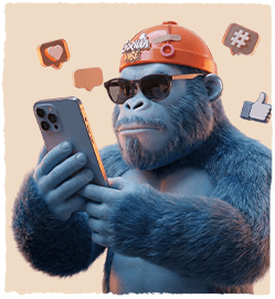 Gorilla Vibe mascot using a phone for social media