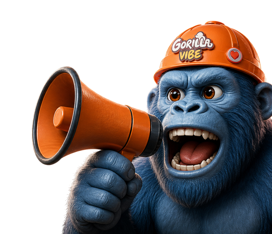 GorillaVibe gorilla calling out through an orange megaphone